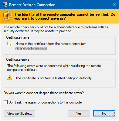 Advertencia mostrada por escritorio remoto al conectarse a un servidor sin certificado de confianza