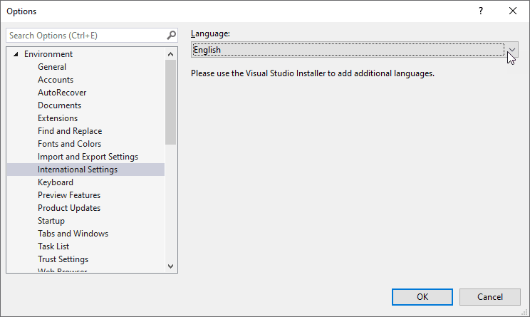 Ajustes de idioma en Visual Studio