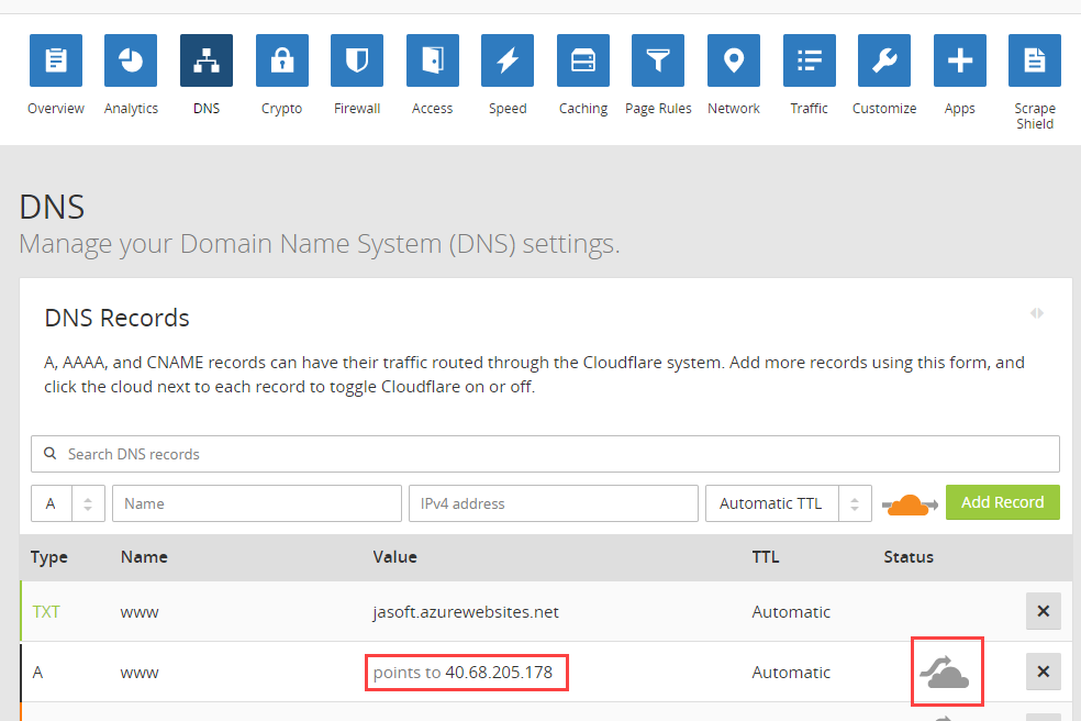 Editar entrada DNS en Cloudflare y deshabilitar el proxy