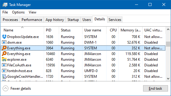 Los procesos de Everything en el gestor de tareas de Windows