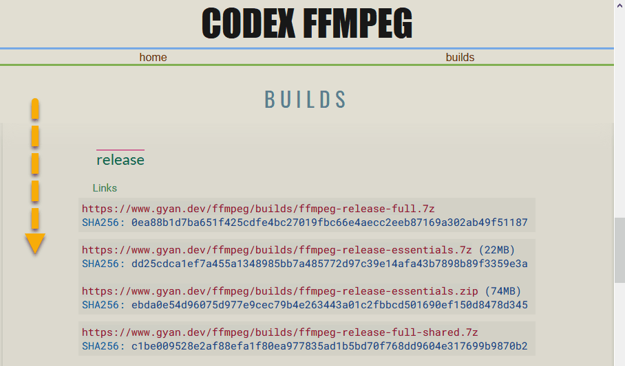 La página de descarga secundaria de FFmpeg
