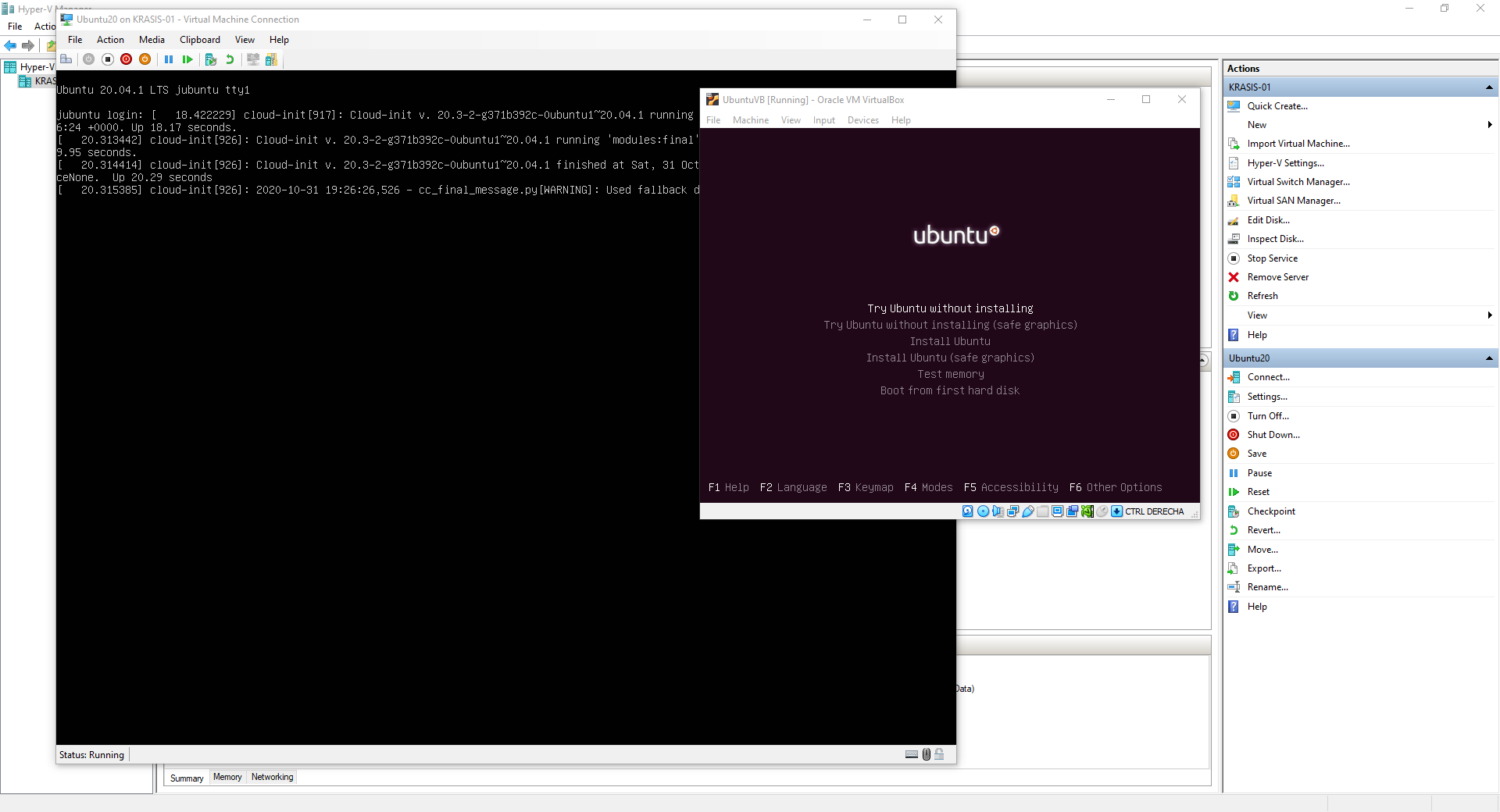 La imagen muestra dos máquinas virtuales con Linux ejecutándose ala vez: una en Hyper-V y la otra en Virtual Box