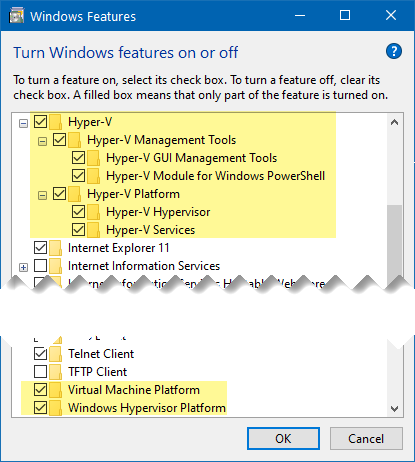 Opciones de virtualización en Windows