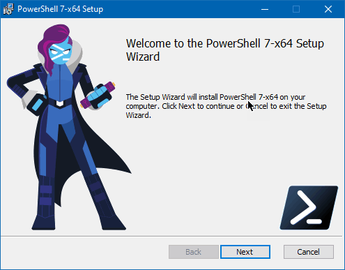 Imagen de la primera pantalla de la instalación de PowerShell Core 7