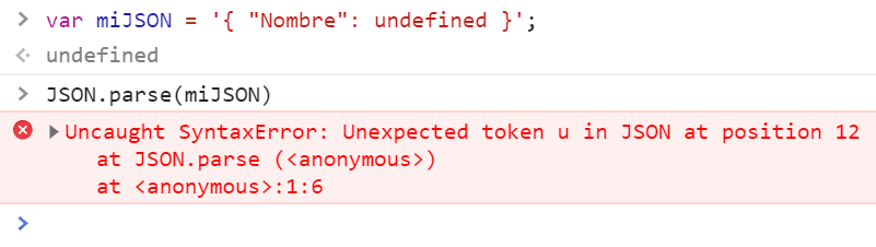 La imagen muestra el error que produce JSON.parse al parsear JSON con un undefined