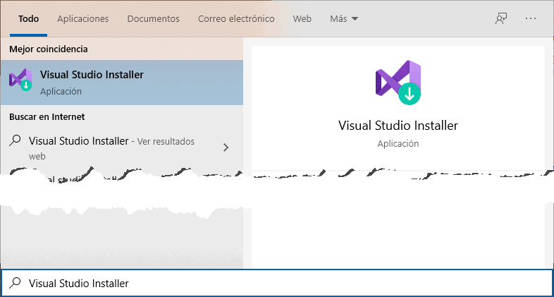 Localizar el Visual Studio Installer en el menú de inicio