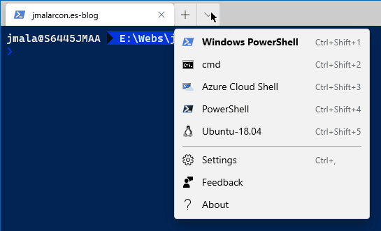 Terminales instalados: PowerShell, cmd, Azure Cloud Shell, PowerShell Core y Ubuntu 18.04