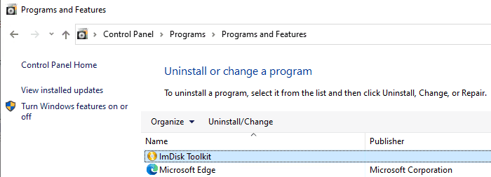 ImDisk en la lista de programas para desinstalar