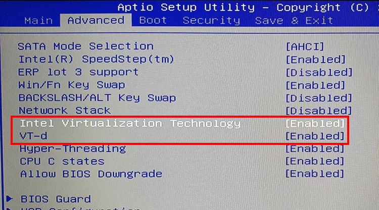 Ejemplo de ajustes de virtualización en una placa Intel desde la BIOS (en mi portátil)