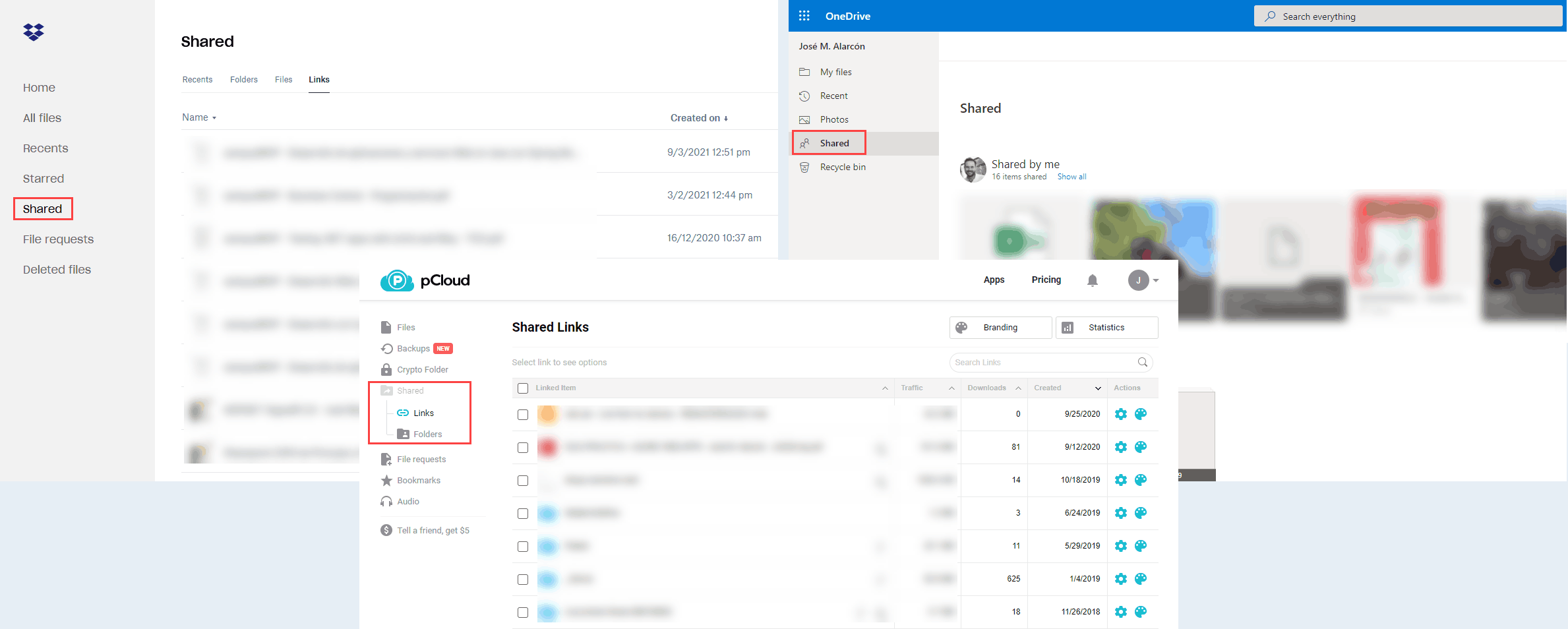 La imagen muestra 3 capturas de Dropbox, OneDrive y pCloud mostrando lo que has compartido con otros