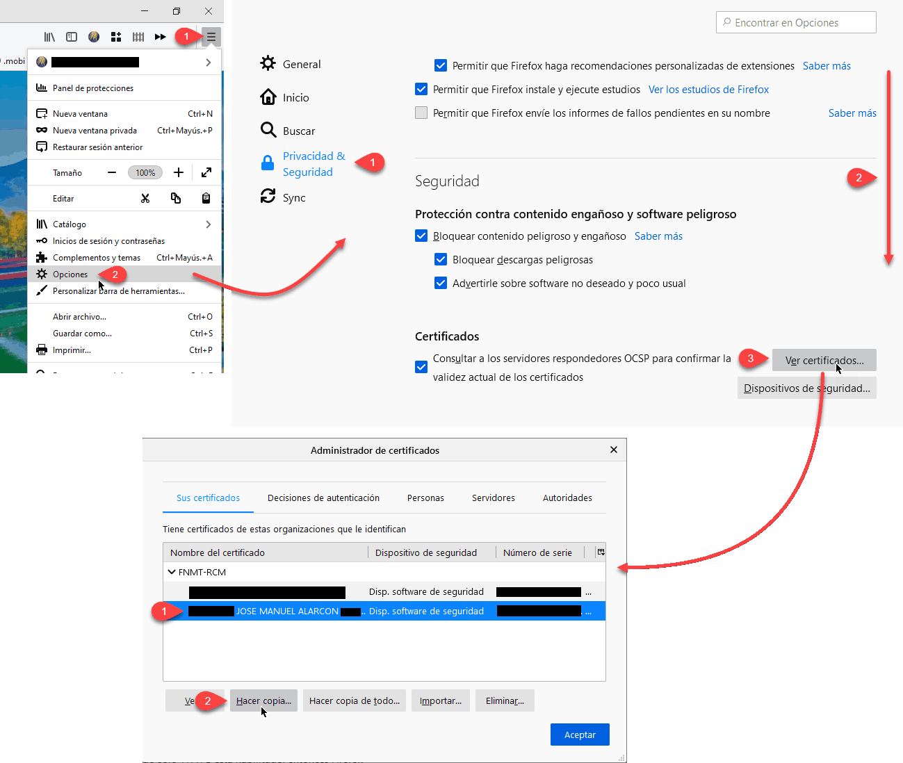 La secuencia de pasos para ir a certificados en Firefox