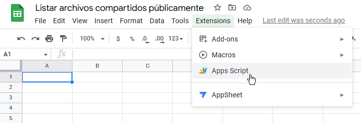 La captura muestra el menú de herramientas con la opción de editor de scripts seleccionado