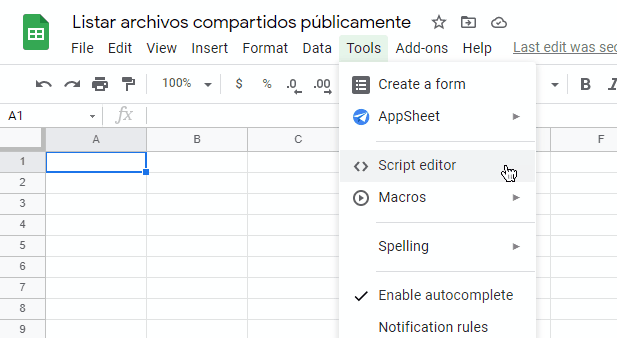 La captura muestra el menú de herramientas con la opción de editor de scripts seleccionado