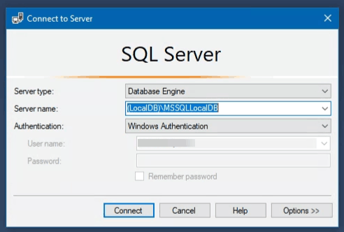 El diálogo de conexión a LocalDB desde SQL Server Management Studio