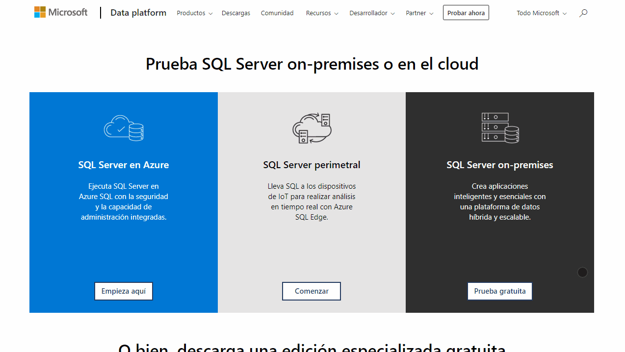 La imagen muestra en dónde encontrar la descarga de SQLServer Express