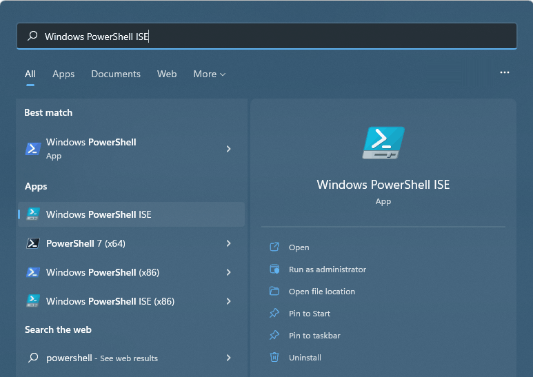 El icono de PowerShell ISE al buscarlo en el menú de inicio de Windows 11