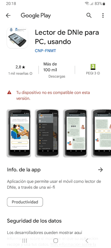 La app en Google Play indicando que no es compatible y no te la deja instalar