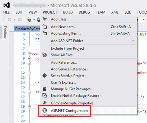 Acceder a la herramienta de configuración de ASP.NET en Visual Studio 2013