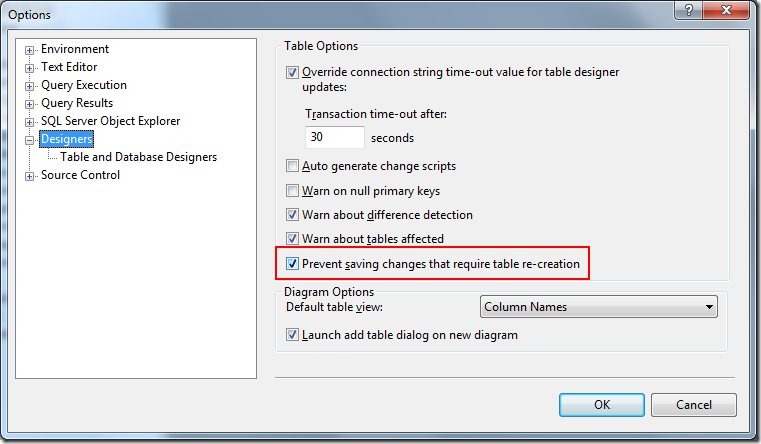 Prevent saving changes that require table re-creation